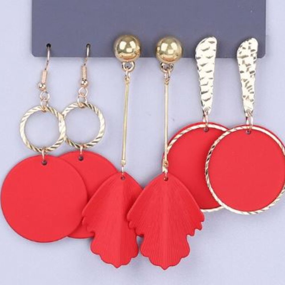 Set of 3 - Red/Gold Dangle Earrings Set